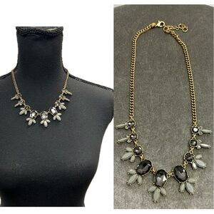 J.Crew statement necklace gold tone Smokey faceted stones gray leaf accents